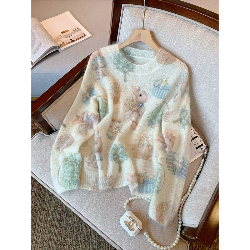 Gentle and Sweet Style Age-Reducing Cute Bunny Print Knitwear Women's 2025 Autum New Loose Top