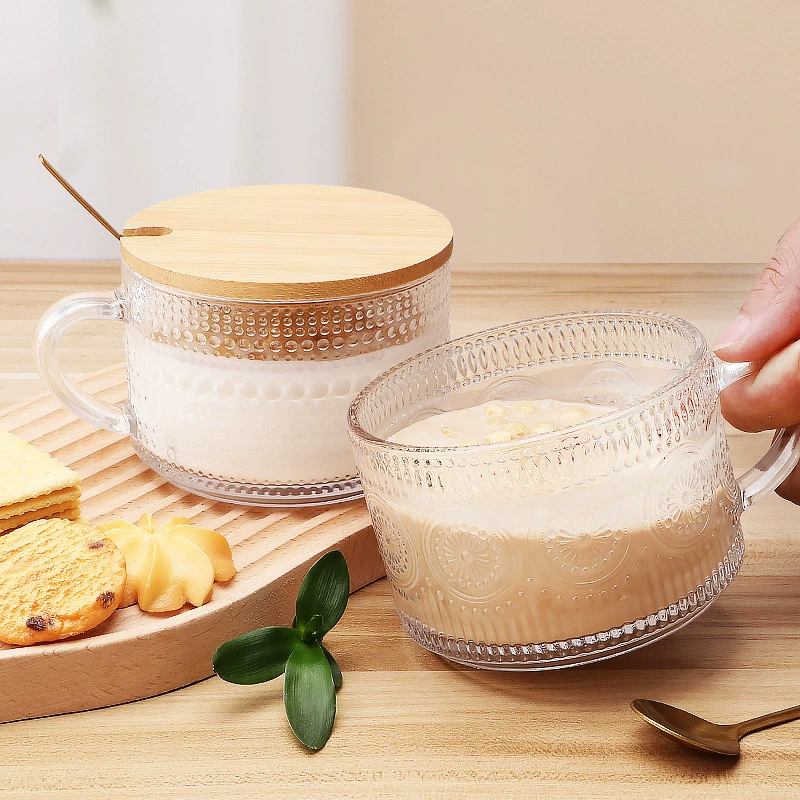 Креативная новая ретро-кружка в скандинавском стиле с тиснением, стеклянная чашка для завтрака с подсолнухом, для молока, овсянки, с крышкой и ложкой, стакан для воды