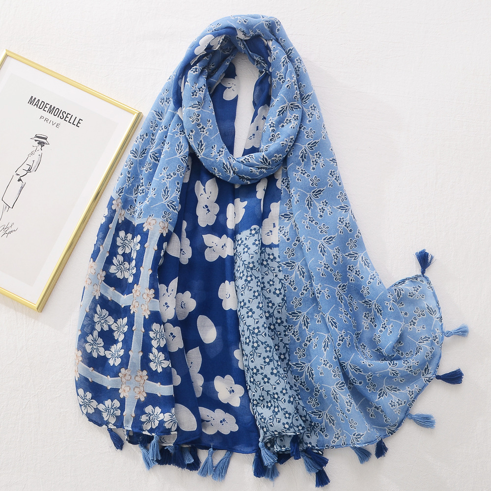 Estilo japonés fresco dulce flor costura algodón y lino sensación seda bufanda moda todo partido Gran bufanda viaje protector solar playa toalla