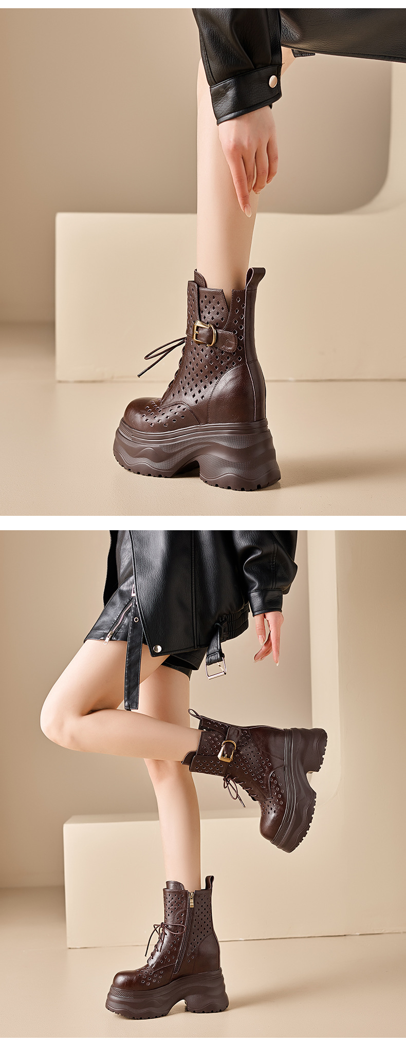 Boot nữ cổ cao ôm bắp chân đế platform gót 12 cm, phong cách hầm hố — màu nâu, màu đen chi tiết 9