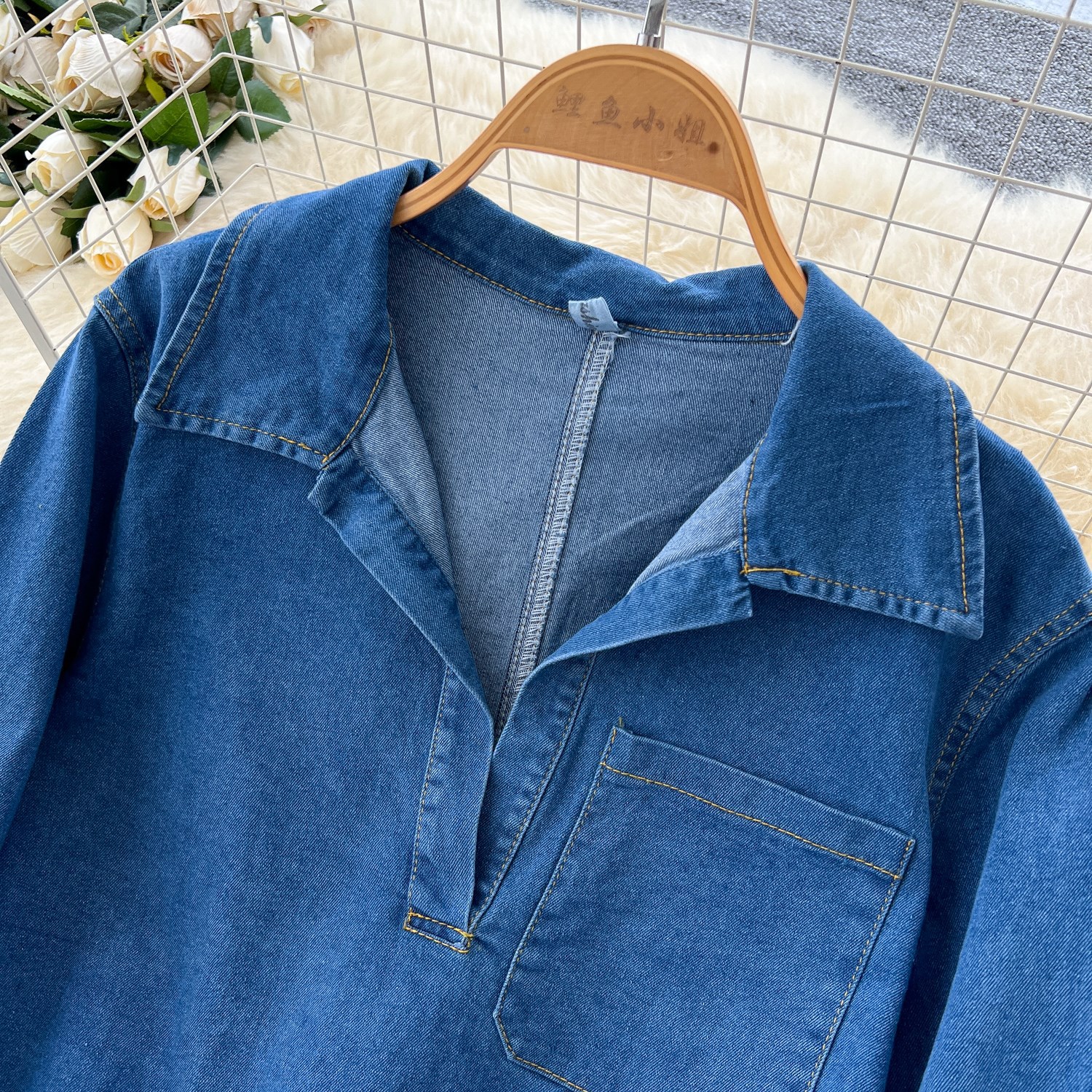 Women's Retro High-Waisted Wide-Leg Denim Pants Set With Long Sleeves Casual Autumn Fashion Top And Bottom Piece_ecoleips.com
