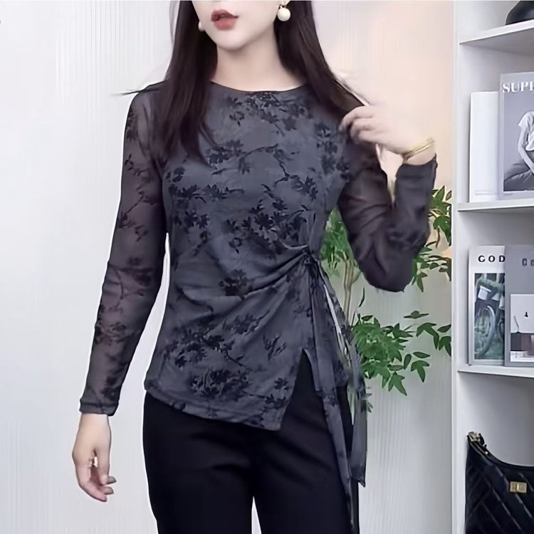 一件代发秋季爆款2025新款圆领不规则印花系带弹力网纱打底衫上衣|undefined
