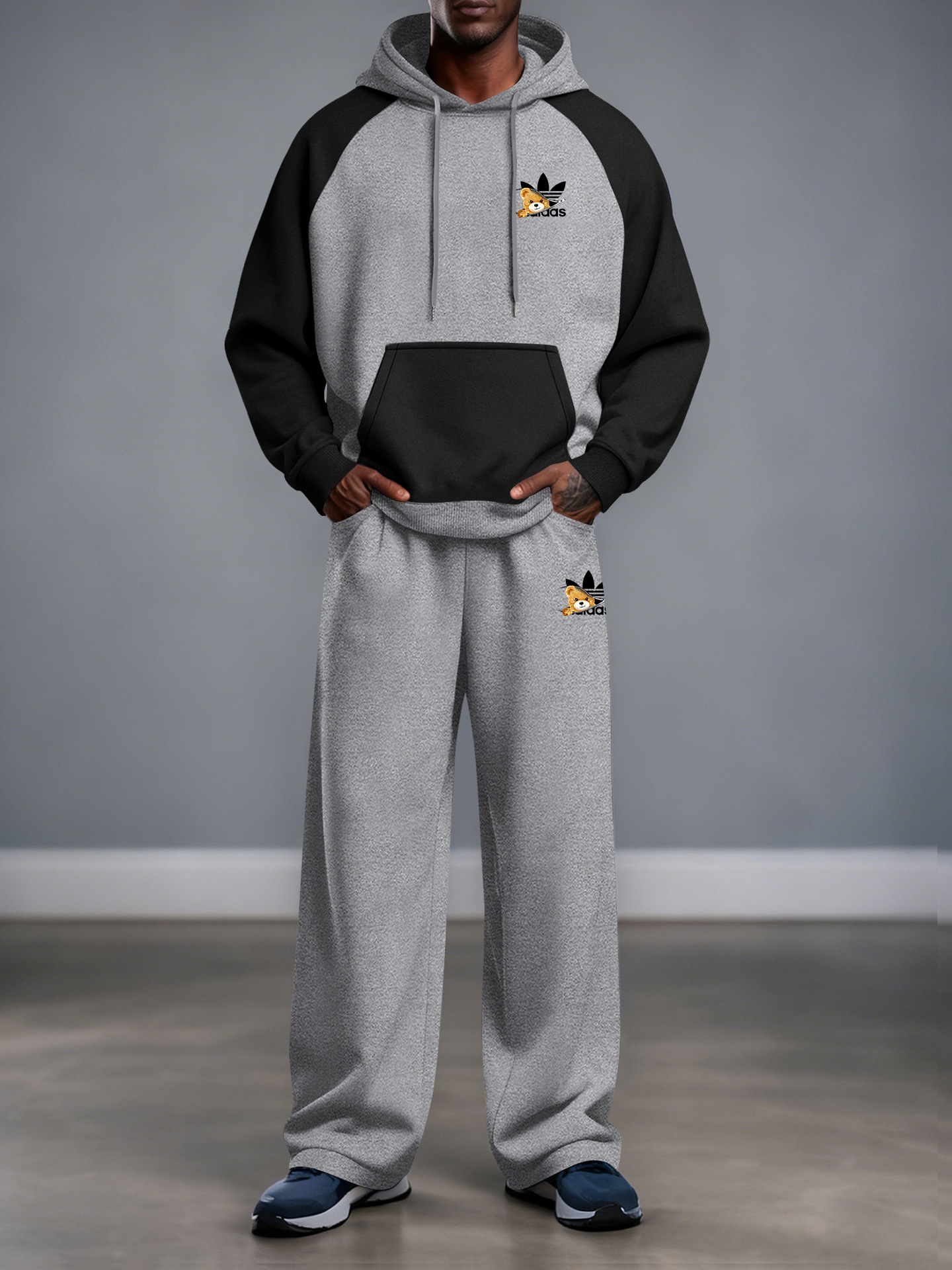 Transfronterizo primavera / otoño / invierno AD juvenil hombro mosaico con capuchón de vello suelto chaqueta rectas pantalones casuales conjunto versátil