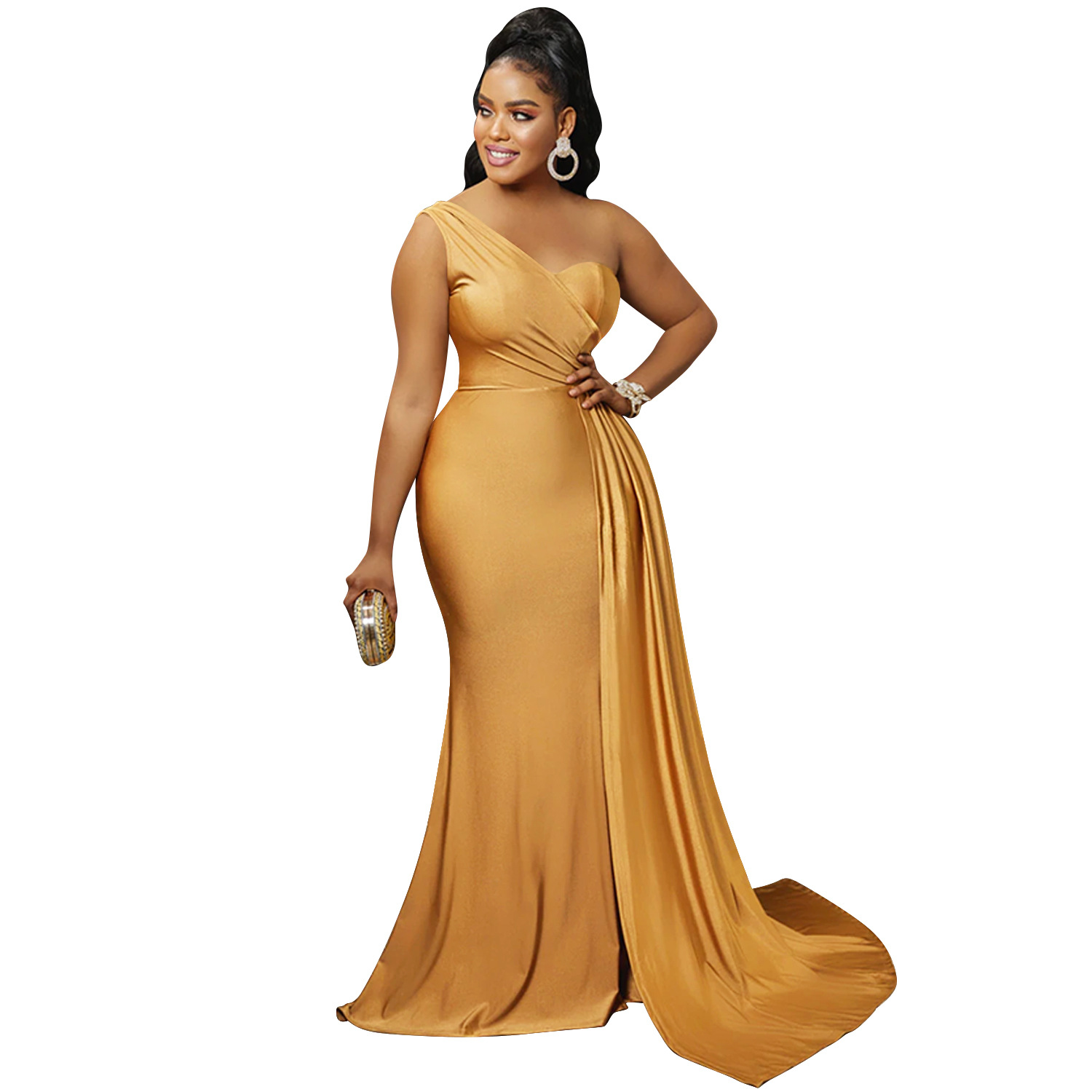 X5819 europeo y americano nuevo AliExpress Amazon moda color sólido partido apretado Vestido de manga de un solo hombro vestido largo para las mujeres image 12