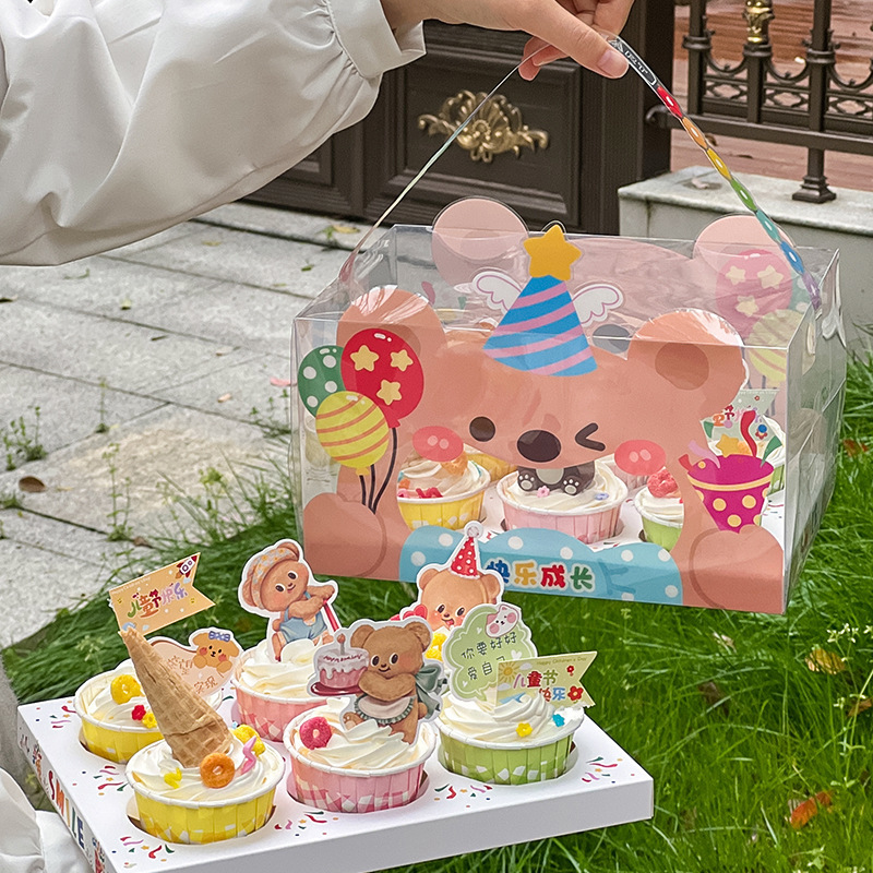 Happy Children's Day Bear Transparent Suitcase Cupcake Happy Growth 61 Dessert Plug-In Packaging Box