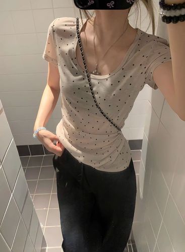 Original Tencel Fabric Women's U-Neck Polka Dot Short-Sleeve T-Shirt Sheer Thin Fitted Base Shirt Straight Shoulder Top