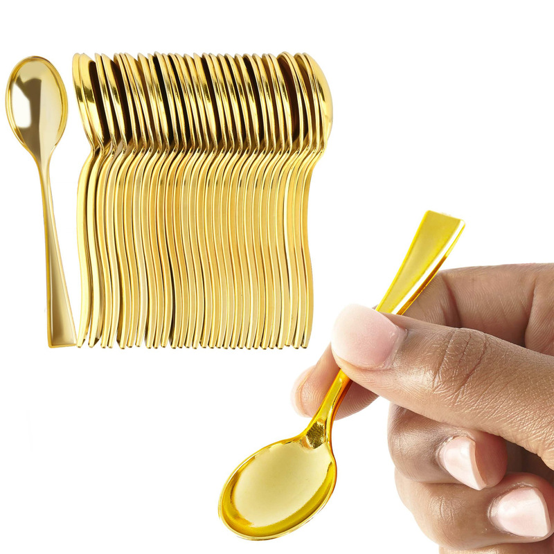 Disposable Plastic Small Golden Spoon Mini Gold Spoon Cross-Border Amazon Party Mousse Dessert Cup Banquet Tableware