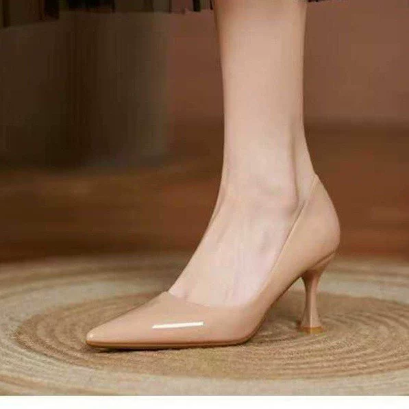Женские туфли на высоком каблуке, туфли на шпильке, не утомляющие туфли на плоской подошве с юбками, элегантные женские рабочие туфли телесного цвета из французской лакированной кожи с острым носком, черные.