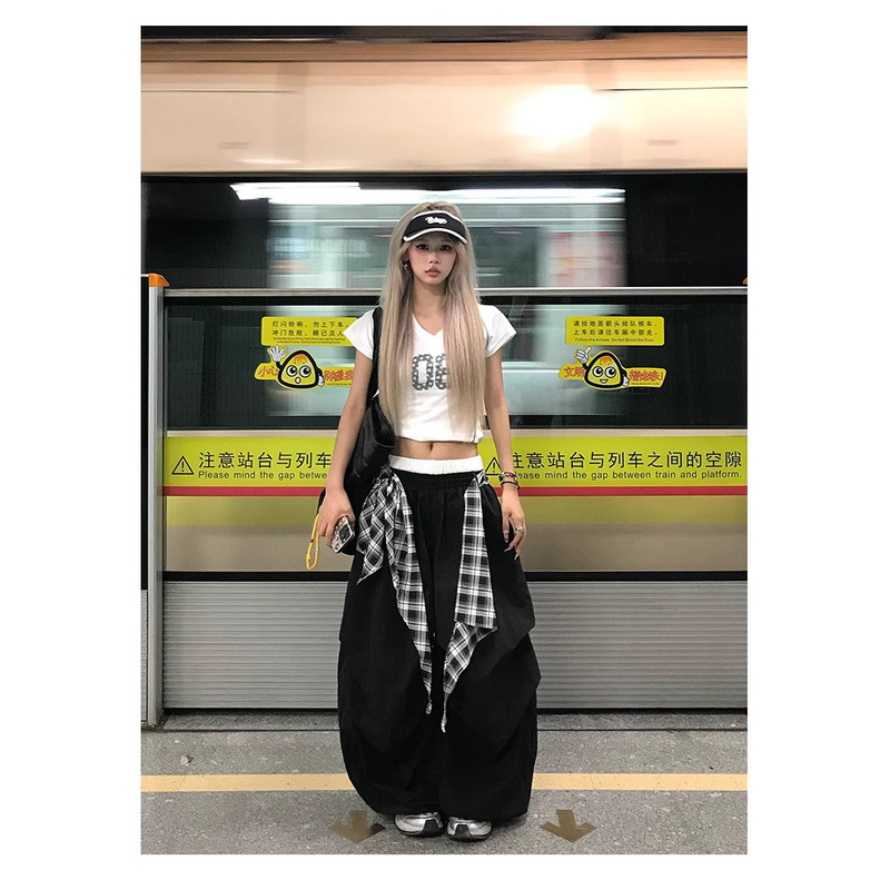 アメリカンヒップホップストリートダンスレイヤード取り外し可能なワイドレッグパンツ女性の夏ルーズドレープシミターカジュアルパンツジャズダンスパンツ|undefined