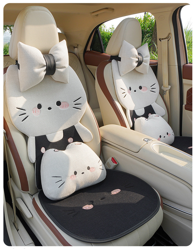 Internet Celebrity Car Seat Cushion for All Seasons, Linen Breathable Car Rear Seat Cushion, Cute Cat Cartoon Seat Cover for Women