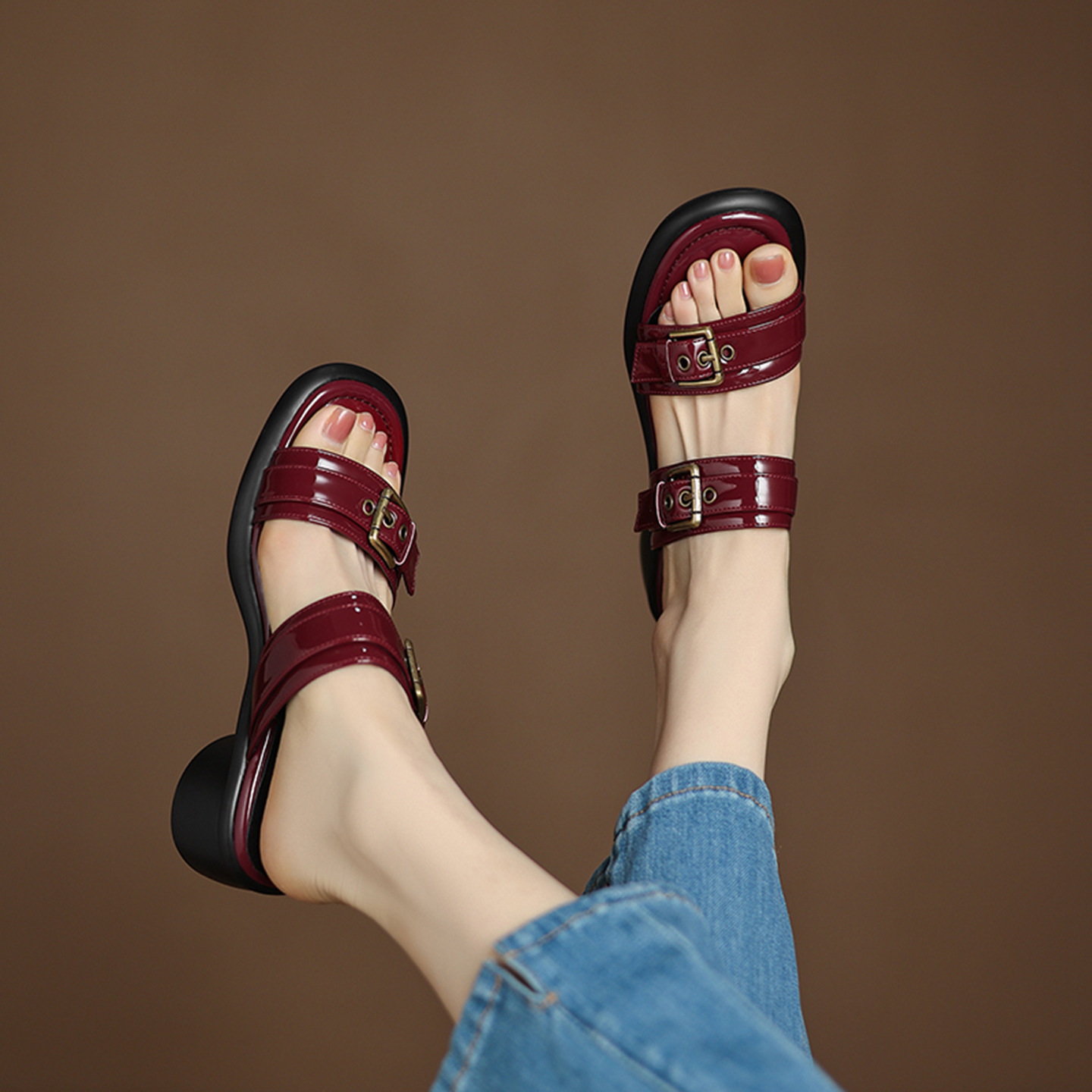 Sandal cao gót nữ hở mũi quai ngang khóa thắt lưng, đế dày mùa hè — đen