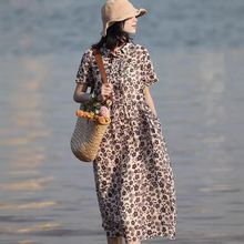2025夏新品印花棉麻连衣裙女减龄显瘦翻领短袖小个子碎花中长裙
