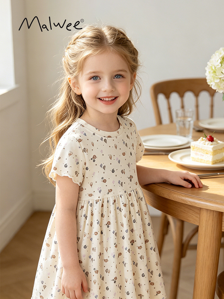 Malwee transfronterizo verano nuevo estilo europeo y americano impresión dulce vestido de niña niño transpirable vestido de princesa cómodo