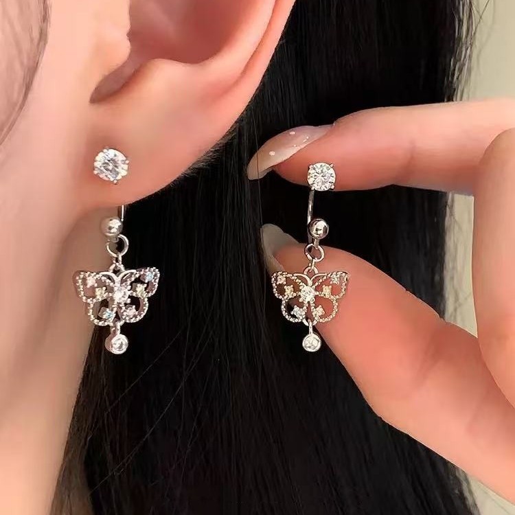 26 New sparkling diamond butterfly pendant horseshoe earrings, exquisite and stylish, perfect for everyday wear, women's drop earrings, high-end design, fashionable jewelry