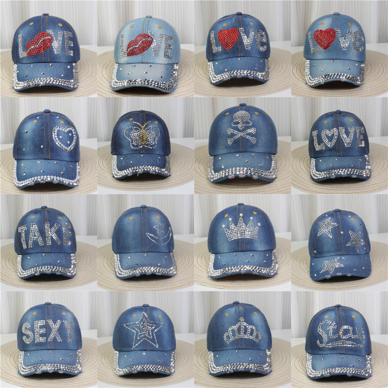 Cross-Border Foreign Trade Denim European and American Fashion Versatile Baseball Cap Outdoor Travel Sunshade Couple Dot Diamond Peaked Cap