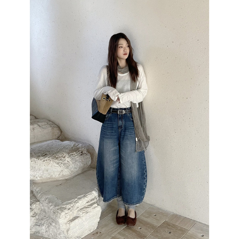 ICCIICC Washed Cat-Eye American Style Balloon Pants Cocoon-Shaped Wide-Leg Cropped Jeans for Women, New Autumn Model 11037