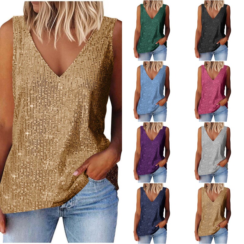 Cross-Border European and American Women's Casual Sequined V-Neck Fashionable Versatile Sleeveless Top Vest 200g Cross-Border European and American Women's Casual Sequined V-Neck Fashionable Versatile Sleeveless Top Vest 200g