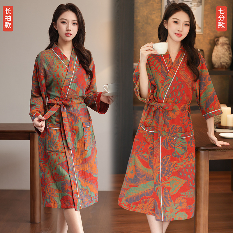 新款春夏薄款睡衣棉双层纱布浴袍家居服情侣睡袍女吸水速干浴衣