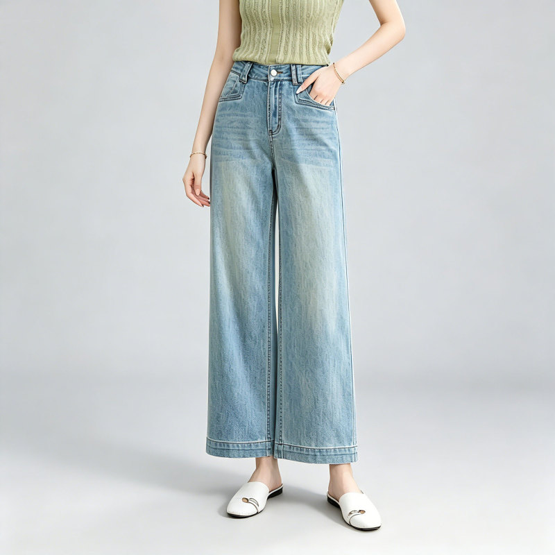 Women's Summer Thin High-Waisted Straight-Leg Jeans, Korean Style Fashion Narrow Wide-Leg Pants 8200