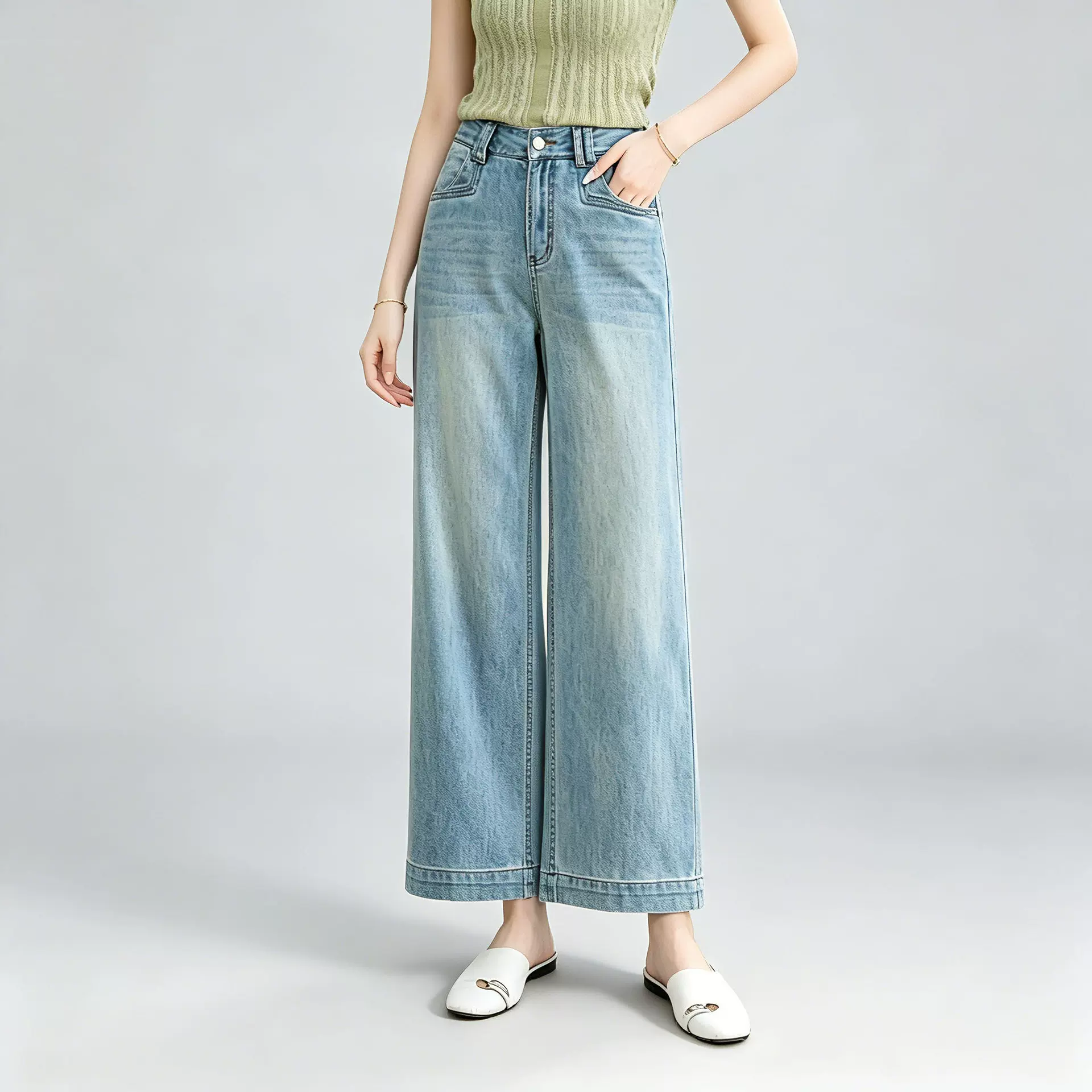 如果牛仔裤女夏薄款高腰直筒牛仔九分裤韩版时尚窄版阔腿长裤8200