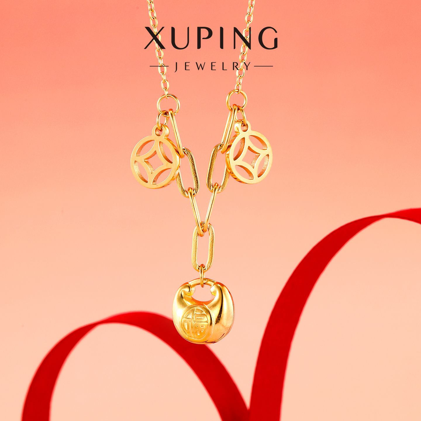 Xuping bolsas de Año Nuevo de bronce de lujo ligero collar de acero inoxidable chapado 24k simple langosta hebilla cadena de clavícula para mujeres