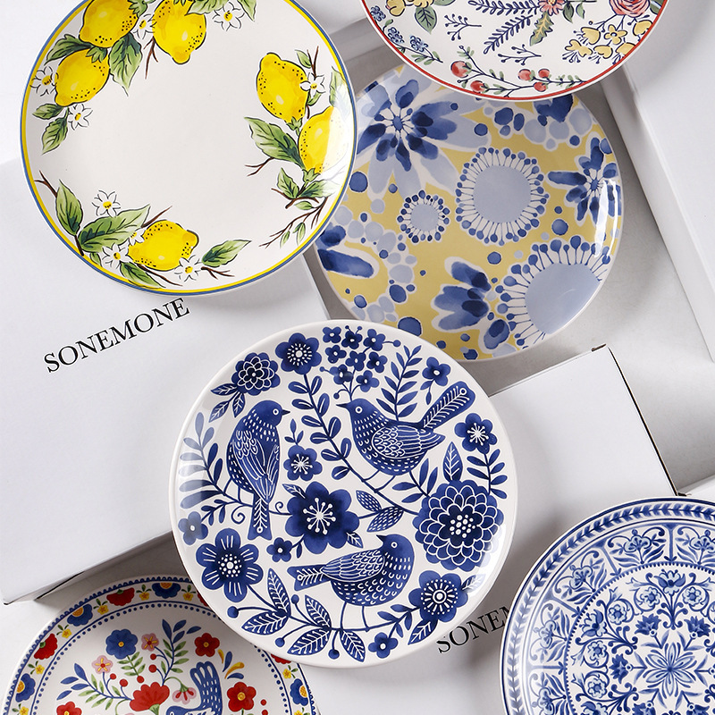 Creative Painted 9inch Ceramic Plates for Home Use, Round Flat Plates, American Country Style Western Dessert Plates, Wholesale Creative Painted 9inch Ceramic Plates for Home Use, Round Flat Plates, American Country Style Western Dessert Plates, Wholesale