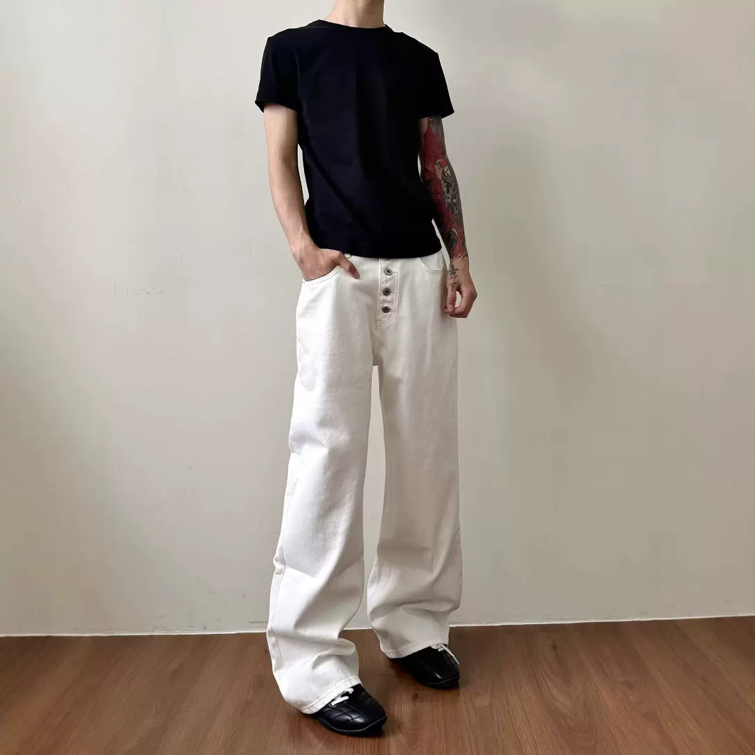 EME男装 素色白高级感复古小众金属排扣设计直筒宽松牛仔裤vibe