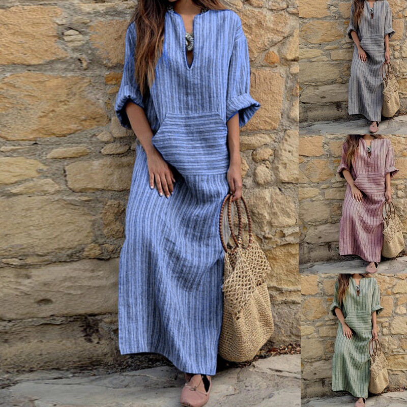 Large Stock of Ready-To-Ship Products for Cross-Border E-Commerce: Women's Fashion, European and American Style, Cotton and Linen, Striped, Loose-Fitting, Pocketed Dress