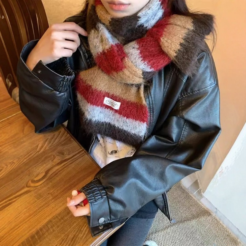 新型の衝突色のストライプの学院の風はウールのニットのマフラーの女性の秋冬の保温の百合のカップルの毛糸を含んで首を囲みます。|undefined