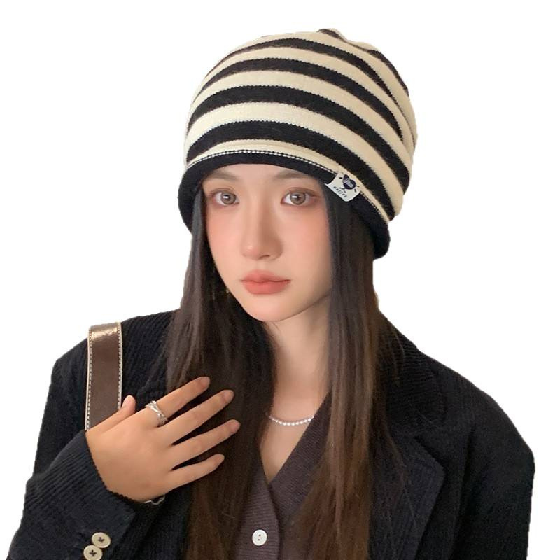秋冬毛羊针织帽冷帽双色拼卷边高级堆堆帽女欧美护耳包头帽显脸小|undefined