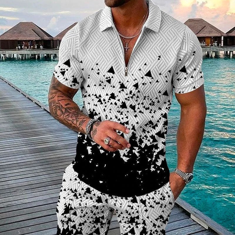 비치 시리즈 POLO 지퍼 세트 3D 유럽과 미국 스타일 남자의 지퍼 POLO 셔츠 반바지 세트 남자의 여름