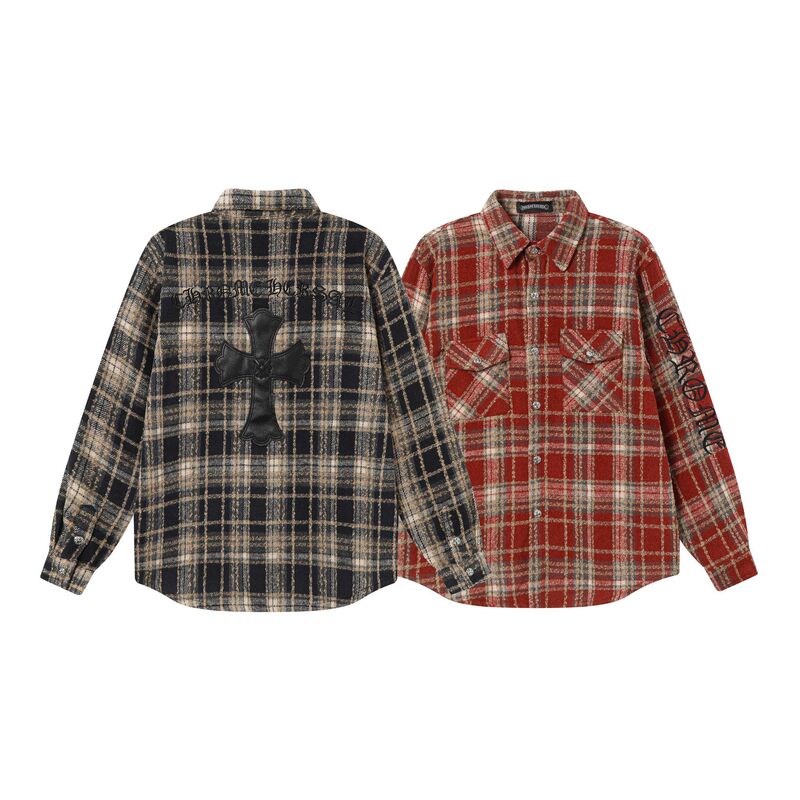 25 New Ch Crow Sanskrit Embroidered Leather Cross Wool Plaid Long-Sleeved Shirts for Men and Women