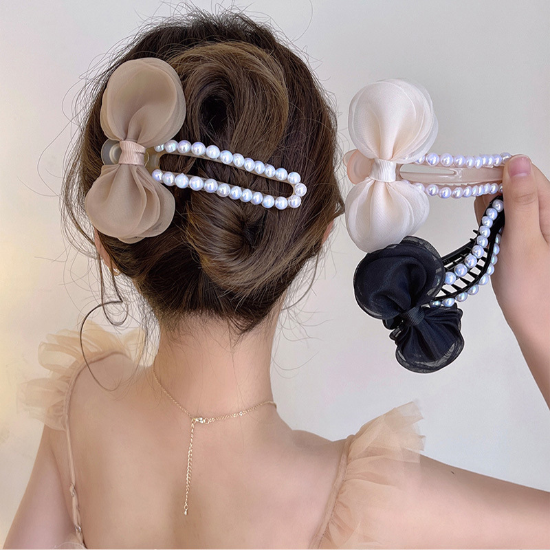 Fashion Mesh Pearl Barrettes Updo Duckbill Female Acrylic Hair Clip display picture 1