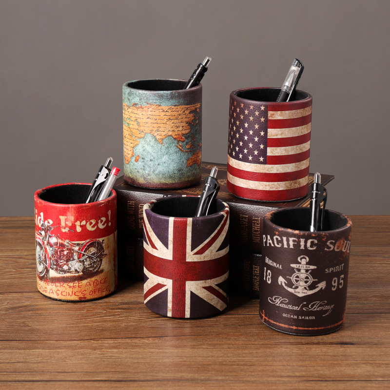 미국 복고풍 펜 홀더 데스크탑 문구 보관 침실 연구 사무실 장식품 창조적 인 문구 라운드 펜 홀더