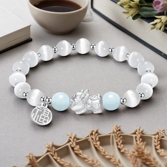 Foot Silver Pi Xiu Cat's Eye Stone Beaded Bracelet Pink Crystal Couple's Bracelet Advanced Sense Fortune Brand Aquamarine Crystal Bracelet