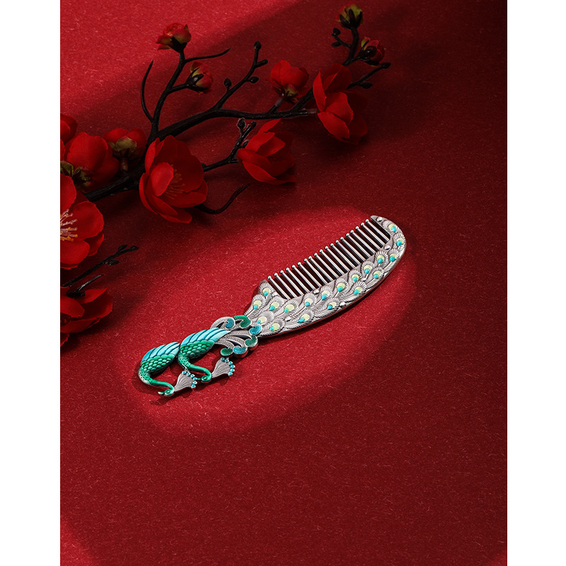 S999 plata esterlina peine del pelo de las mujeres hechas a mano del color del Pavo Real esmalte de plata pura peine cuidado de la salud raspado regalo para la Madre