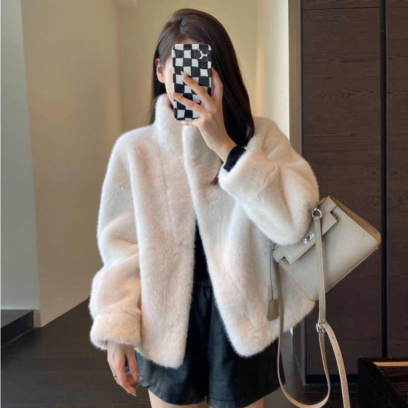 2025 New Winter Mink Coat Fur One-Piece Short Stand-Up Collar Mink Velvet Environmentally Friendly Fur Outwear Women's Large Size