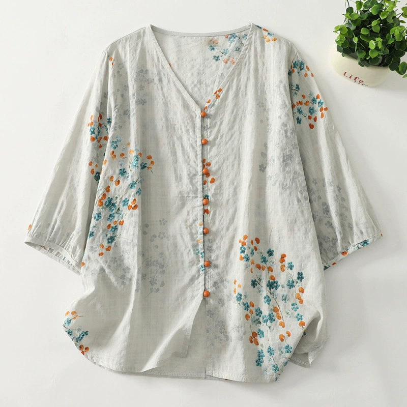 Реальный снимок синего кардигана с V-образным вырезом и ветряными колокольчиками, летний дизайн 2025 года, хлопок и лен, V-образный вырез, принт, повседневная тонкая куртка