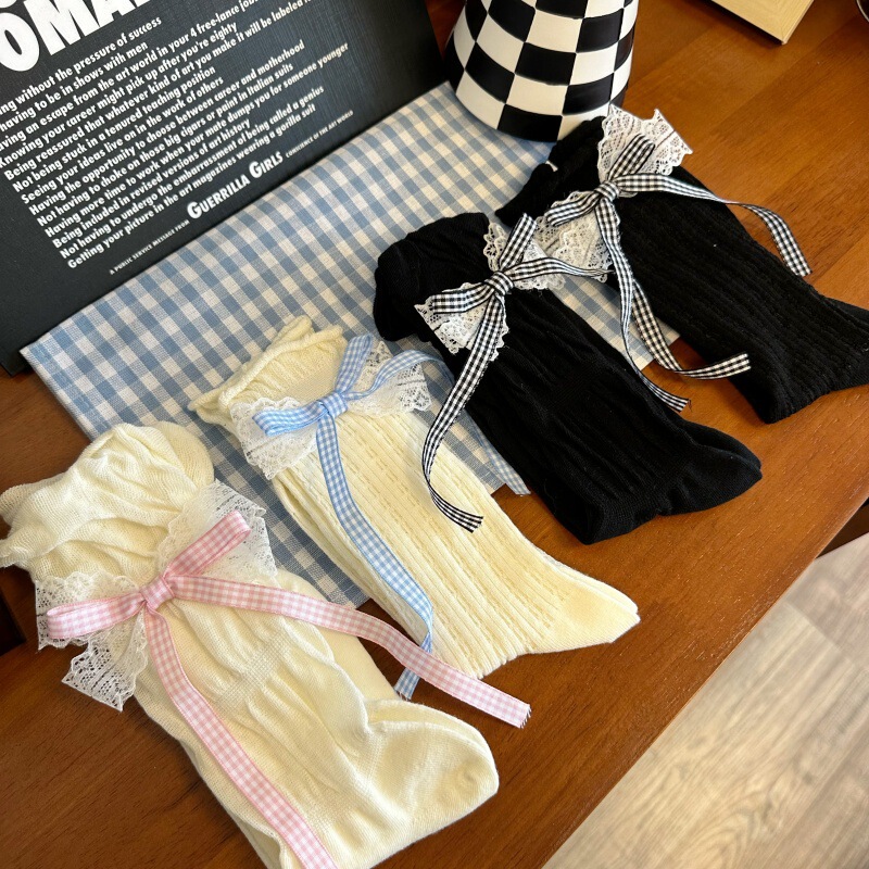Summer Socks Women's Thin Cyber Celebrity Lace Bow Mid-Length Socks Ins Trendy Lolita Socks Ribbon Stack Socks