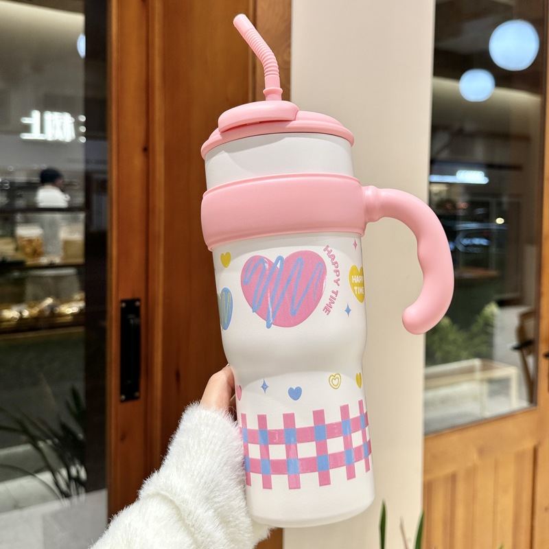 女の子向けの大容量オフィスハンドルアイスカップ、高見えするダブルストローカップ、屋外用保冷車用ウォーターカップ|undefined