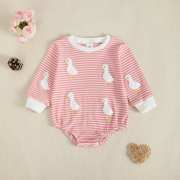 2025 Cross-Border Infants and Young Kidsren, Boys and Girls, Duck Embroidered Waffle Stripesd Long-Sleeved Ribbed Collar Hoodie