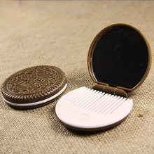 創意巧克力餅干化妝鏡子隨身便攜梳妝鏡可折疊圓形鏡梳