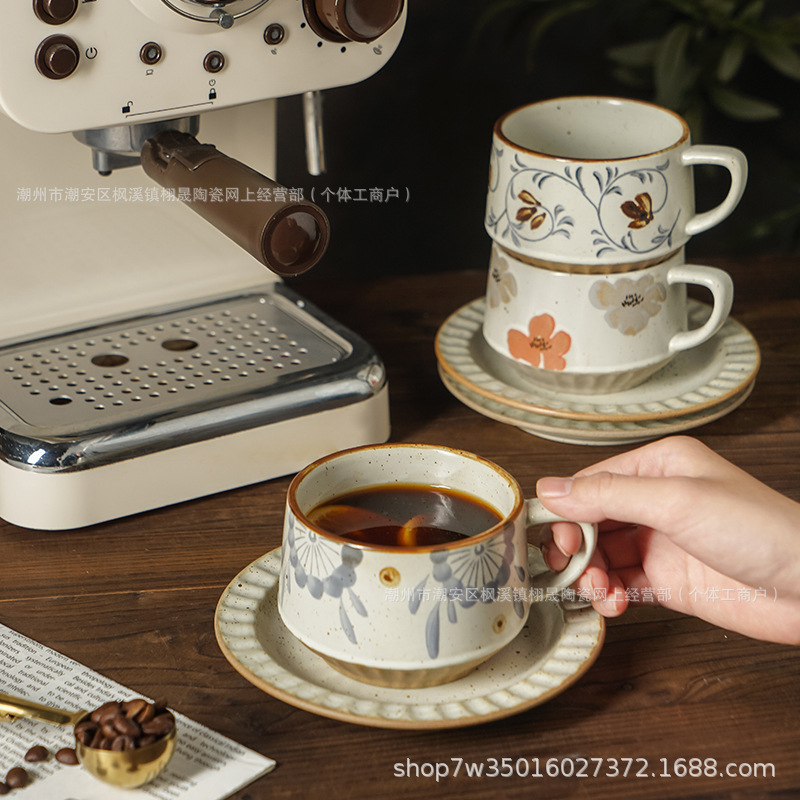 Tazas de café de cerámica retro japonesa y platos de cerámica, tazas de café de color especial para café de hotel