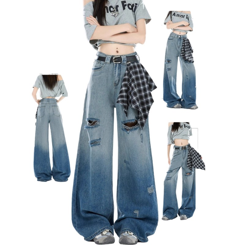 美式复古渐变色破洞牛仔裤女2025夏季新款高腰显瘦宽松拖地阔腿裤|undefined
