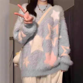 软糯慵懒风蓝色针织毛衣女秋冬水貂绒套头日系圆领上衣厚宽松显瘦