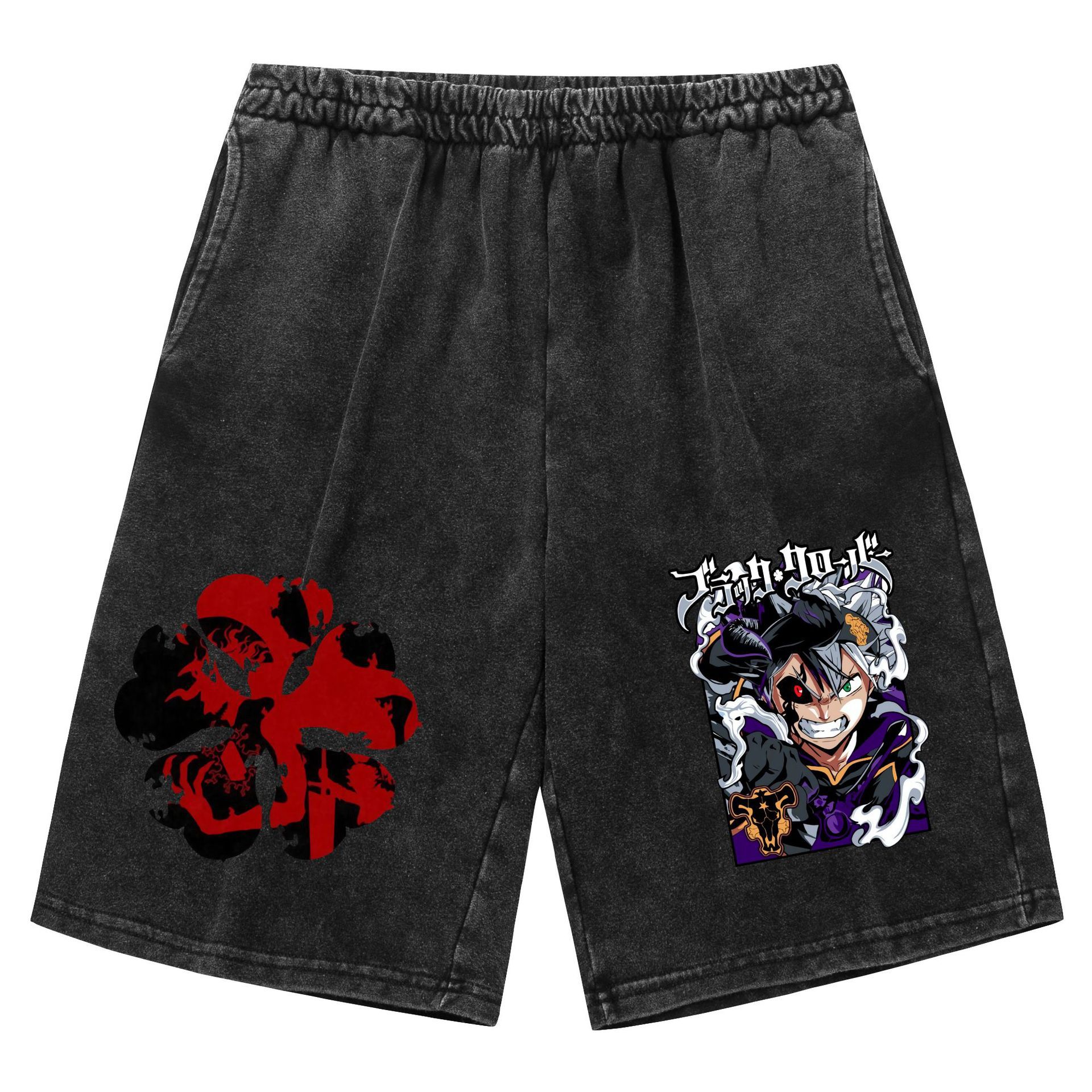 Pantalones cortos retro viejos lavados transfronterizos Trébol de cuatro hojas negro Black Clover venta caliente estampado casual deportes