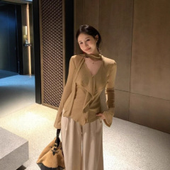 韩系飘带V领长袖T恤女2025秋季新款荷叶边设计感修身显瘦chic上衣