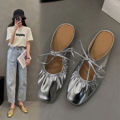 2024 New Silver Unique Design Ruffled Strap Round Toe Flat Head Cover French Half Slipper for Women Summer Outdoor Wear