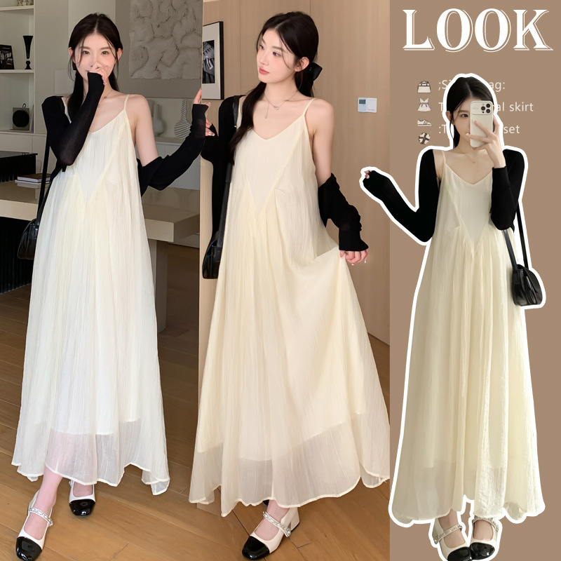 Maternity Wear Summer Suspender Fairy Dress New Maternity Wear Large Size Silk Wrinkled Maternity Dress Maternity Two-Piece Set