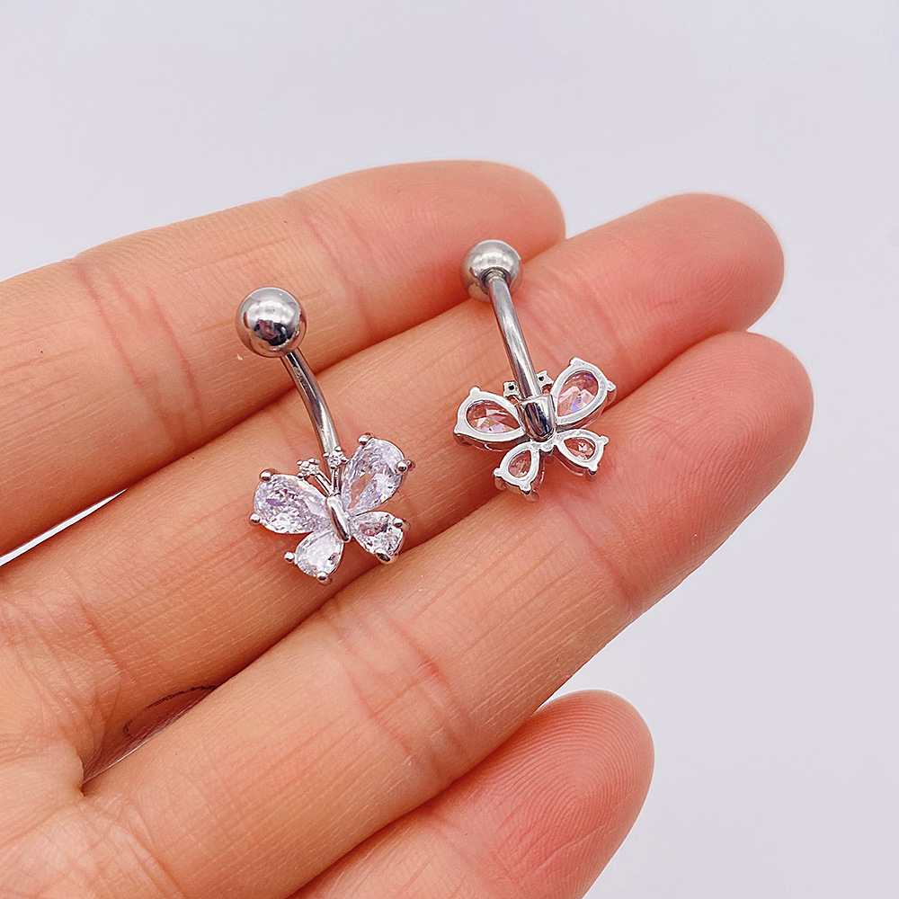 Butterfly And Heart Zircon Belly Button Ring Navel Piercing_voghion.com